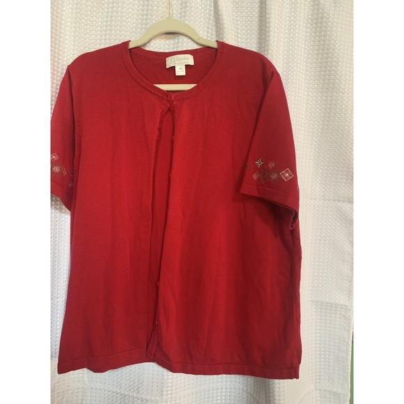 CJ Banks Sweaters - CJ Banks Women 2x Red Button Up Short Sleeved Embroidered Sleeve Cardigan Granny